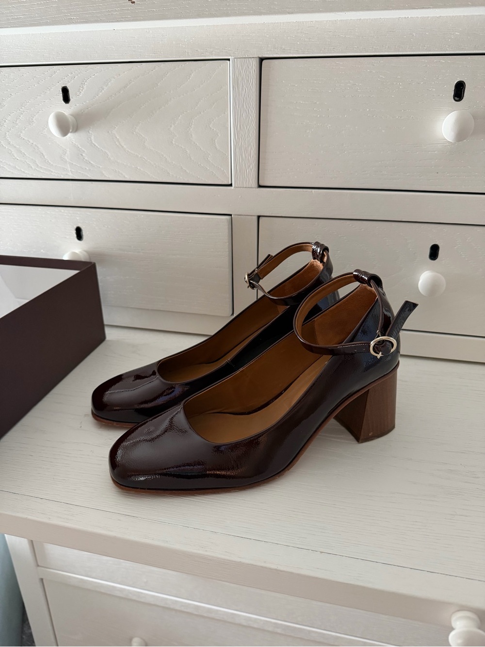 Bobbies Paris Patent Leather Block Heel Mary Jane in Dark Brown